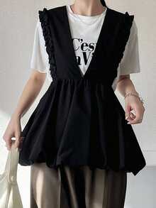 FRIFUL Women's Solid Color Layered Ruched Frill Trim Loose Casual Versatile Tank Top Summer - Black - View 5