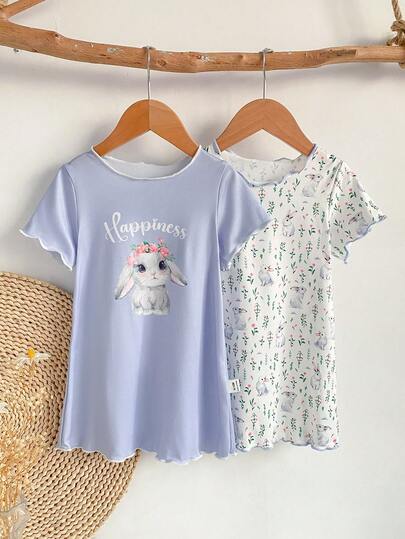 2pcs Baby Girls' Cute Rabbit & Floral Print Casual Comfortable Contrast Color Ruffle Hem Short Sleeve Long Dress Sleepwear Set Baby Girl Tops Baby Girl Nightgowns Summertime Nightgowns For Babies Baby Bunny Nightgown Baby Bunny Print Dress Baby Girls Cute Multicolor Polyester Short Sleeve Round Neck Long Nightgowns With Plants Pattern And Ruffle Details