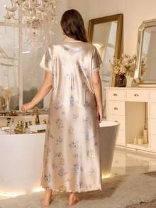 MuseNap CURVE 花卉印花仿丝绸撞色蕾丝边优雅大码睡裙 - 彩色 - 查看 2