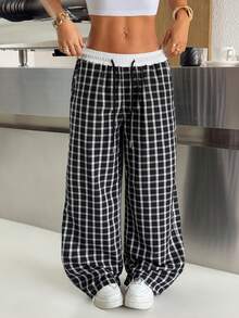 SHEIN EZwear 格子抽绳腰宽松阔腿梭织休闲裤 - 黑色 - 查看 3