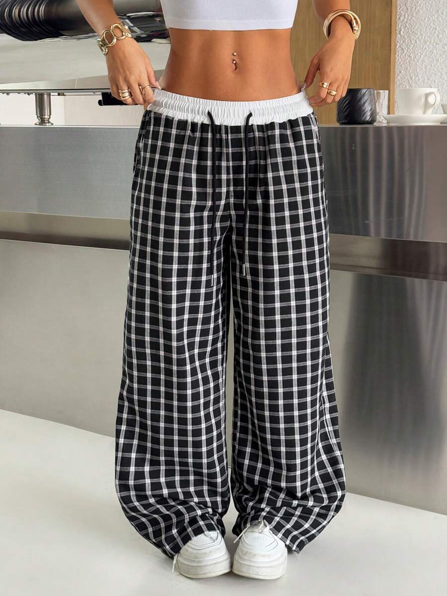 SHEIN EZwear 格子抽绳腰宽松阔腿梭织休闲裤 - 黑色 - 查看 1