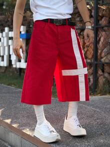 Manfinity EMRG Men's Contrast Color Patchwork Casual Loose Fit Denim Shorts With Belt Loops Red Jean Shorts Men - Red - View 3