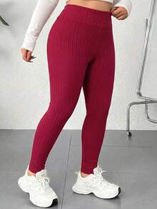 SHEIN EZwear 大码女式纯色罗纹休闲打底裤 - 紅色 - 查看 5