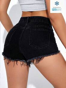 Jeanoix Women's Casual Fashion Street Chic Daily Commute Frayed Hem Denim Shorts, Summer - Black - View 2