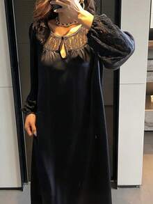 DAZY Charming Sheer Lace Patchwork Satin Glossy Teardrop Hollow Neck Puff Sleeve Mid-Length Women Nightgown - Navy Blue - View 5