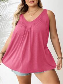 SHEIN CURVE+ Plus Size Women Green V-Neck Loose Camisole, Going Out Tops - Watermelon Pink - View 4