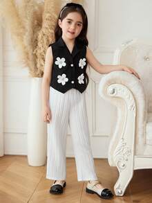 Elladie kids 两件套女童夏季黑色无袖翻领开襟短款碎花背心搭配白色直筒休闲裤，简约时尚百搭通勤装 - 黑與白 - 查看 5
