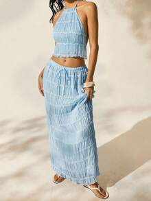 Easelle Women's Vacation Outdoor Romantic Halter Backless Low Waist Skirt Set Beach Skirt Set Summer Skirt And Top Set Summer 2 Piece Sets Woman Beach 2 Piece Set 2 Piece Skirt Set - Blue - View 6