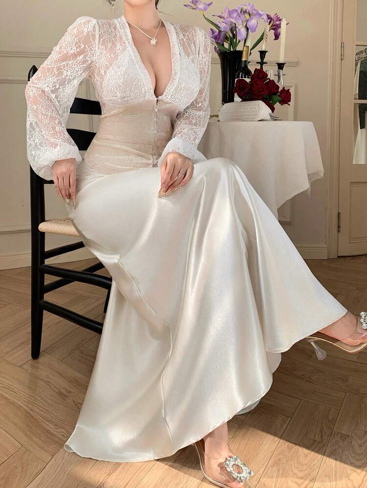 Women's V-Neck Lace & Velvet Patchwork Long Sleeve Slim Fit Blouse And Satin A-Line Skirt Elegant 2-Piece Set