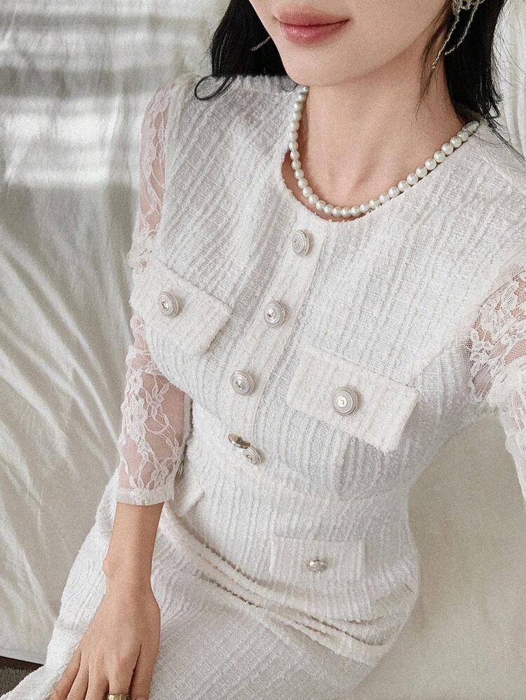 Women's Contrast Lace Long Sleeve Button Design Fitted Elegant Mid-Length Dress Wedding Guest Dress Sundress