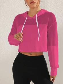 Sovereign Charm Women's Casual Patchwork Fishnet Drawstring Hooded Sweatshirt, Autumn - Pink - View 3