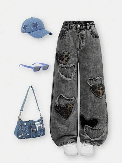 SHEIN ChillGRL 少女Y2K浅蓝色牛仔布+五角星磨边刺绣贴片+直筒宽松版型+时尚街头休闲女童牛仔裤