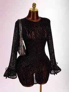 Amplova 女士迷你连衣裙，豹纹植绒，性感露背，透视网纱袖，前开衩，秋冬款 - 黑色 - 查看 6