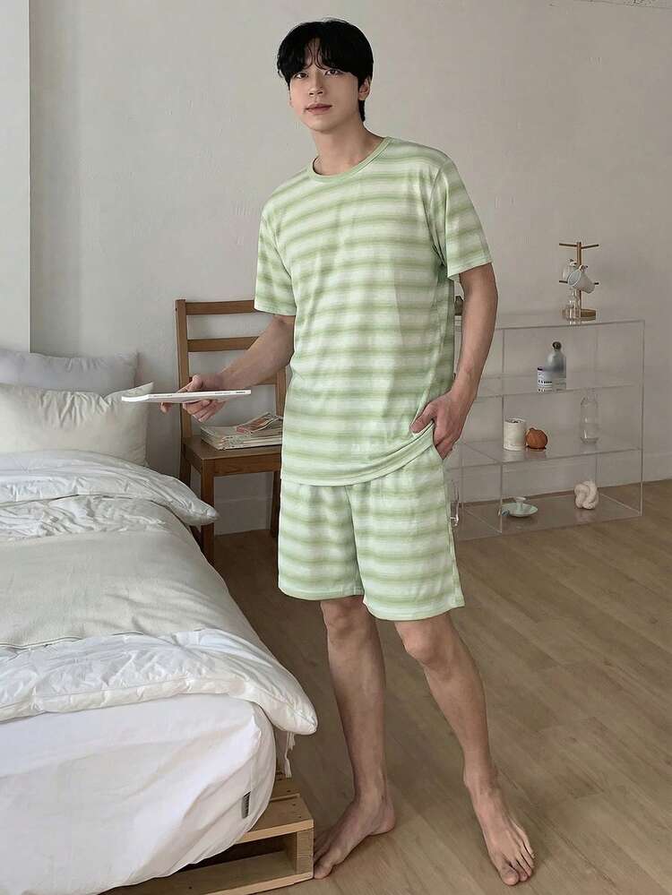 Men's Summer Short Sleeve T-Shirt And Shorts Striped Pajama Set