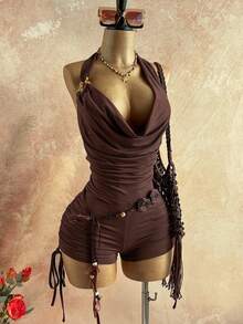 Soleia 女士复古渐变印花网纱金属装饰层叠荷叶边深V领连体裤，性感显瘦时尚，适合派对、约会、情人节、狂欢节、复活节、西部牛仔风、邮轮旅行、假日、海滩、音乐节、波西米亚风度假等场合，四季皆宜。 - 棕色 - 查看 1