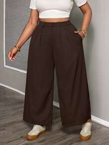 SHEIN PETITE CURVE Calça feminina plus size de cintura alta com pregas, bolsos e pernas largas. Calça feminina de pernas largas na cor marrom. Calça feminina de cintura alta e pernas largas para o verão, primavera, para sair e para ocasiões casuais. - Castanho - Ver 5