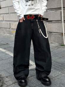 STEELVANCE 街头风树叶、花朵和鹦鹉数码印花直筒宽松休闲牛仔裤，适合日常穿着 - 黑色 - 查看 5