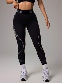 Dewbera 女士高腰无缝弹力运动紧身裤 - 黑色 - 查看 6