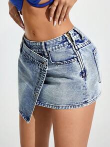 Jeanoix Women's Casual Fashion Street Style Overlap Waist Asymmetrical Hem Washed Denim Mini Skirt, Summer - Blue - View 5