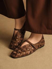 Rosivie 优雅镂空平底女鞋，时尚舒适，法式方头设计，尽显优雅气质 - 棕色 - 查看 4