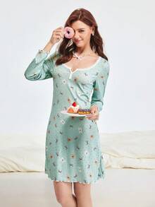 Bonmuse Long Sleeve Lace Patchwork Bear & Bow Print Lettuce Trim Nightgown - Mint Green - View 1