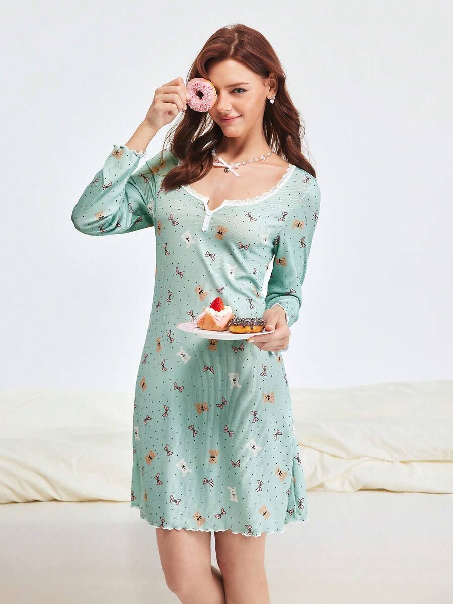 Bonmuse Long Sleeve Lace Patchwork Bear & Bow Print Lettuce Trim Nightgown - Mint Green - View 1