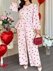 Vionelle Plus Size Valentine's Day Heart Striped Long Sleeve 2 Pieces Set Women,White Autumn Cute Date Night Comfy Pajama Lounge Sets Matching Two Piece Set - Pink - View 3