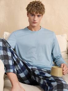 EverLounge Herren Pyjama Set mit einfarbigem Rundhals Langarmoberteil und karierter Hose - Minzgrün - Übersicht 6