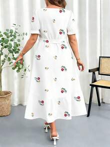 Elenzga 大码女式碎花方领松紧腰泡泡袖连衣裙 - 彩色 - 查看 2