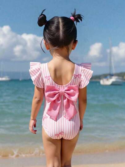 Emery Rose Kids Emery Rose Kids Babygirl Fitted Casual Minimalist Comfortable Round Neck Backless Bow Decor Swimsuit