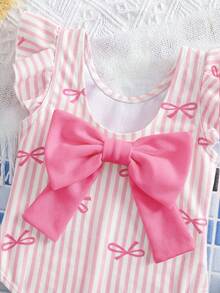 Emery Rose Kids Emery Rose Kids Babygirl Fitted Casual Minimalist Comfortable Round Neck Backless Bow Decor Swimsuit - Multicolor - View 4