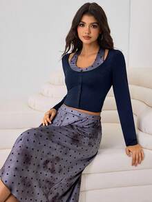 Aidyla Women's Blue Knit Long Sleeve Top And Grey Polka Dot Halter Neck Top With Grey Polka Dot Skirt 2-Piece Set, Spring/Summer - Grey - View 5