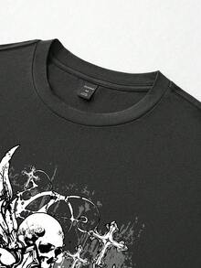 ROMWE MEN Goth T-shirt à manches courtes col rond noir avec imprimé crâne, style décontracté pour homme - Gris - Voir 3