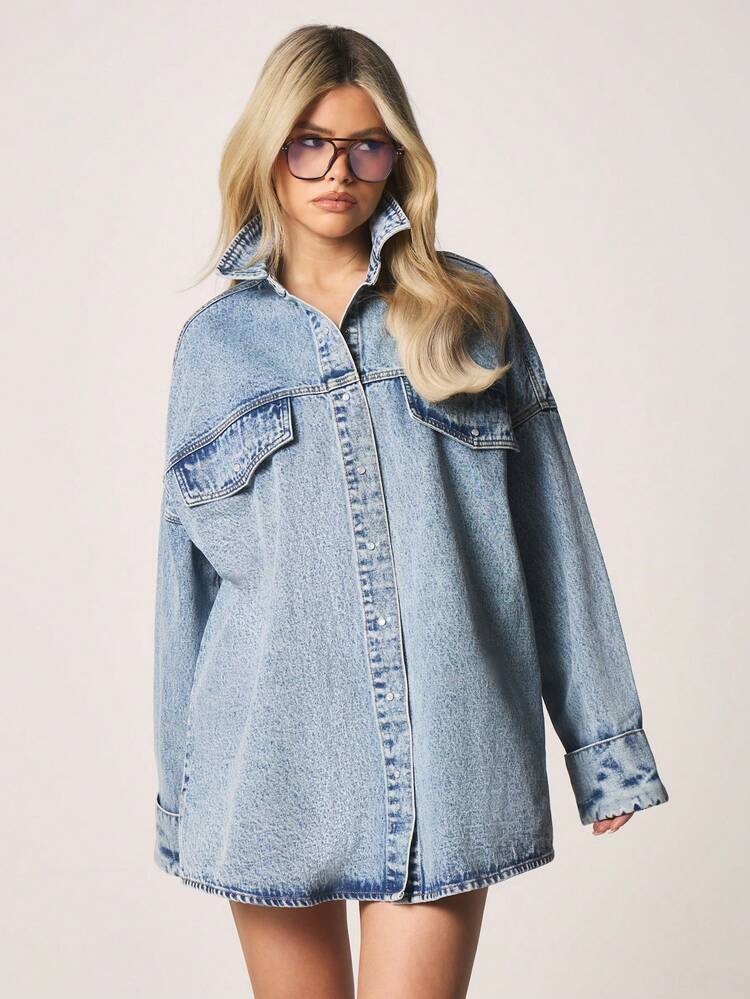 MISSGUIDED Camicia di jeans oversize con bottoni automatici, collo con colletto e maniche lunghe, per abbigliamento casual autunno inverno