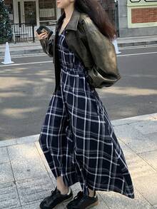 DAZY Women's Plaid V-Neck Ruched Vintage Elegant Dress, Suitable For Vacation And Dates Sundress Summer - Navy Blue - View 8