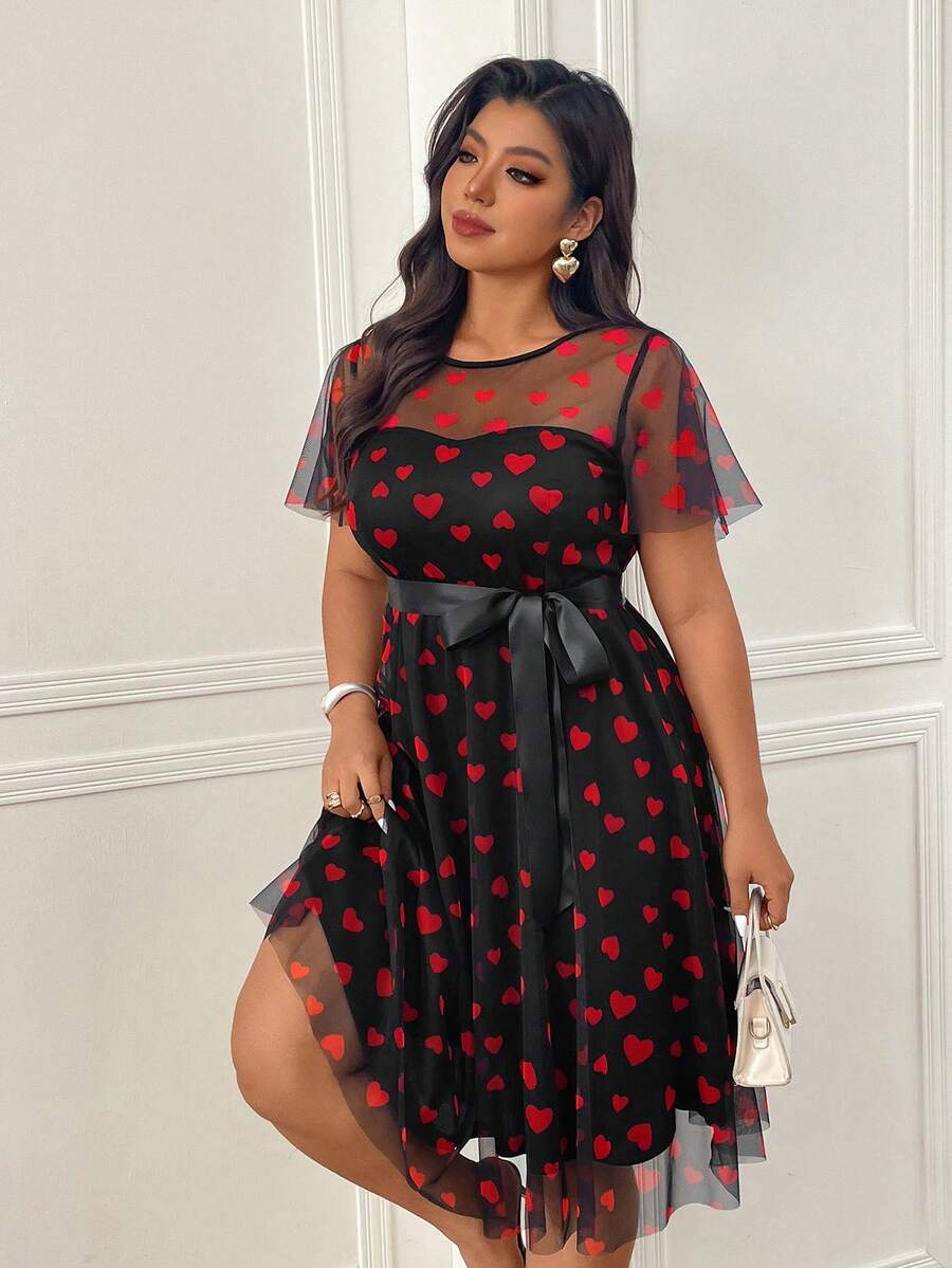 Femmeverse Heart Print Sheer Zipper Waist Dress, Princess Style Short Sleeve Dress For Women, Valentine's Day Ribbon For Wedding,Party