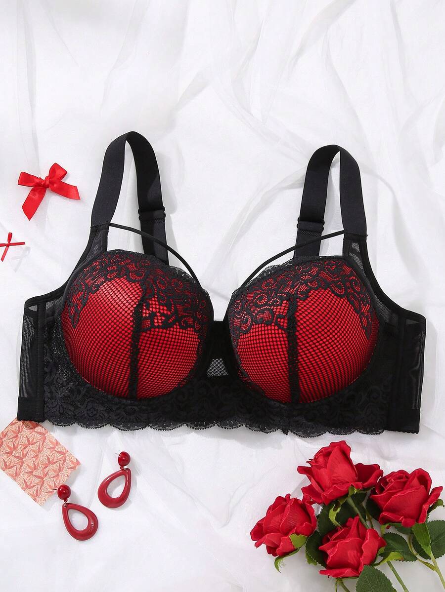 1pc Plus Size Women Floral Lace Comfortable Underwire Bra - Multicolor - View 1