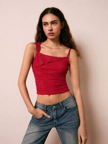 Easelle Blusa de moda con diseño asimétrico de encaje rojo para mujer - Rojo - Ver 1