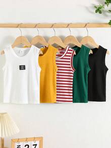 SHEIN 买一送四，男童5件套舒适字母拼接休闲背心，适合户外活动、学校、居家休闲和专业运动。 - 彩色 - 查看 4