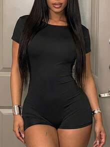 Slaydiva Women's Black Summer Gym Bodysuit, Backless Short Sleeve Slim Fit Jumpsuit,Y2K Street Sweet Cow Boy Style,Round Neck Sporty Tight Pant Romper - Black - View 7
