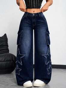 Jeanoix 大码纯色休闲牛仔裤 - 深色水洗藍 - 查看 5