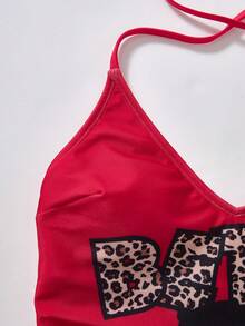 Betty Boop x SHEIN Women Summer Leopard Letter & Cartoon Figure Graphic Drawstring Ruched Side Halter One-Piece Swimsuit One Piece Swimsuit Red One Piece Swimsuit