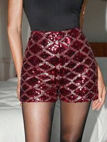 Lavishia Quần short nữ thời trang đa năng đính sequin hình thoi, thích hợp cho hẹn hò và dự tiệc. - Màu Đỏ Sâu - Xem 4