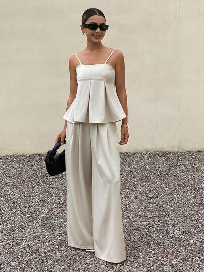 DAZY 女士休闲纯色吊带背心和阔腿裤两件套，夏季
