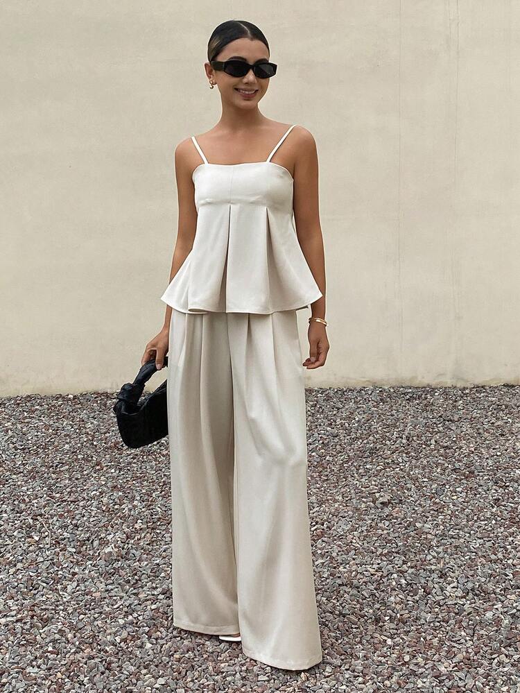 Women's Casual Solid Color Camisole & Wide Leg Pants 2 Pieces Set, Summer