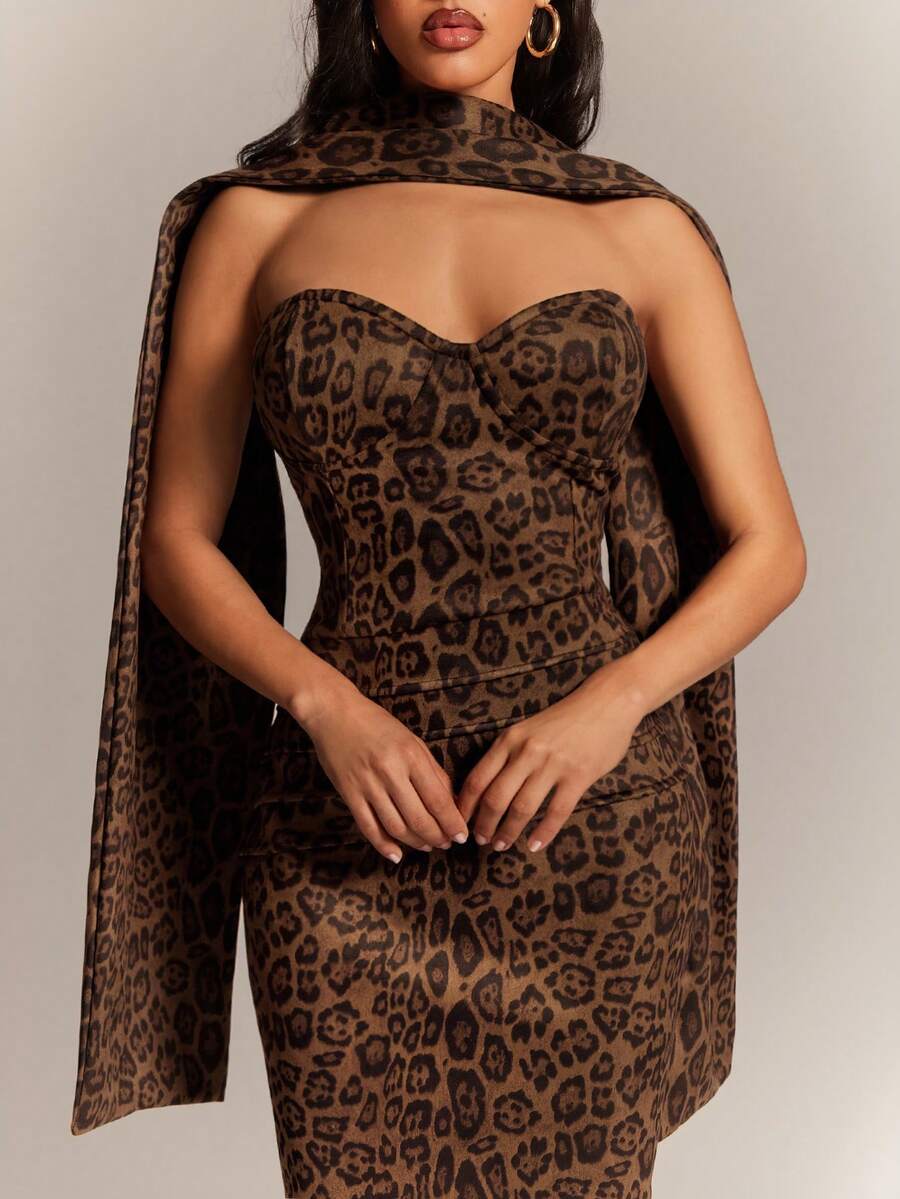 Radiana 女士复古性感优雅棕色麂皮豹纹连衣裙，带胸垫和围巾，长款连衣裙，春季连衣裙，情人节约会连衣裙，适合日常外出、购物、约会、聚会、鸡尾酒会、夜店、生日派对等场合。 - 彩色 - 查看 1