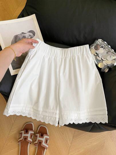 Franclia Quần short nữ màu trơn, cạp chun, viền ren, kiểu dáng thường ngày, đa năng.