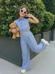 Firerie Kids Firerie Kids 2pcs/Set Young Girls Blue Polo Collar Vest Top + Loose Pants Casual Outfit, Fashionable & Versatile For Daily Wear, Photoshoot - Blue - View 5