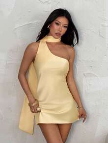 SHEIN PETITE 秋冬純色奶油黃不對稱單肩露背迷你優雅緞面洋裝，印花長版極長裙，適合嬌小女性 - 黃色 - 查看 8