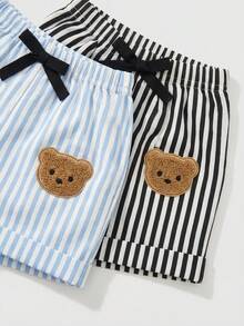 SHEIN Playful Pals 2件套男婴夏季休闲纯色短袖T恤和条纹熊印花短裤套装 - 彩色 - 查看 8